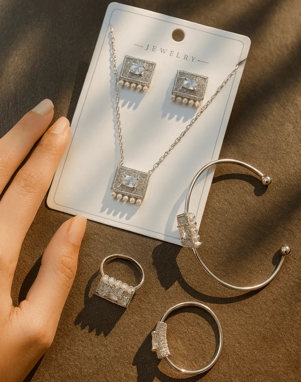 Silver Rectangle Crystal & Pearl Jewelry Set